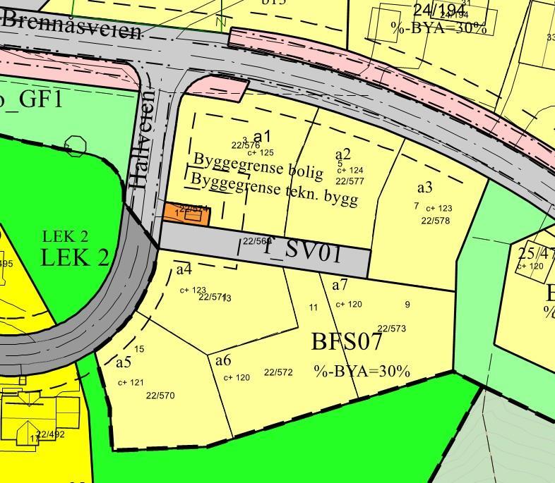 Kartutsnitt fra detaljreguleringsplanen for Hallveien - boligfelt - Klikk for stort bilde