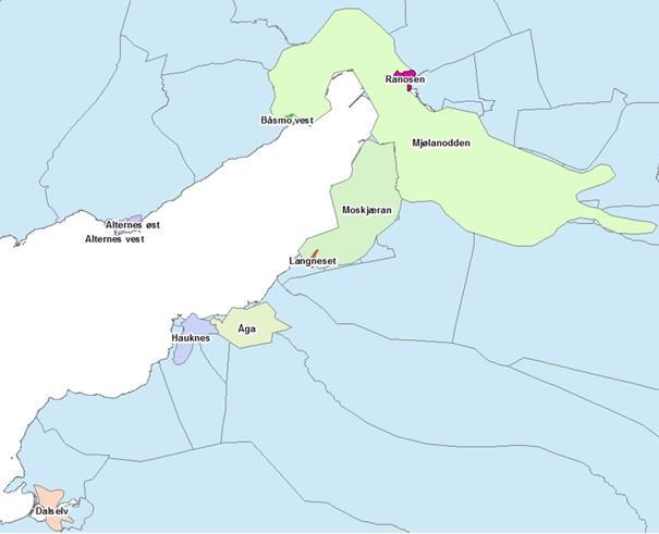 Kart som viser avgrensningene for hvilke områder som går til hvilket renseanlegg/utslippspunkt - Klikk for stort bilde
