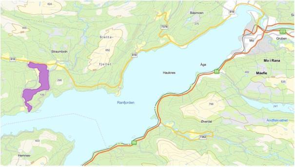 Kart som viser vannområdet Straumen - markert som lilla i kartet. - Klikk for stort bilde