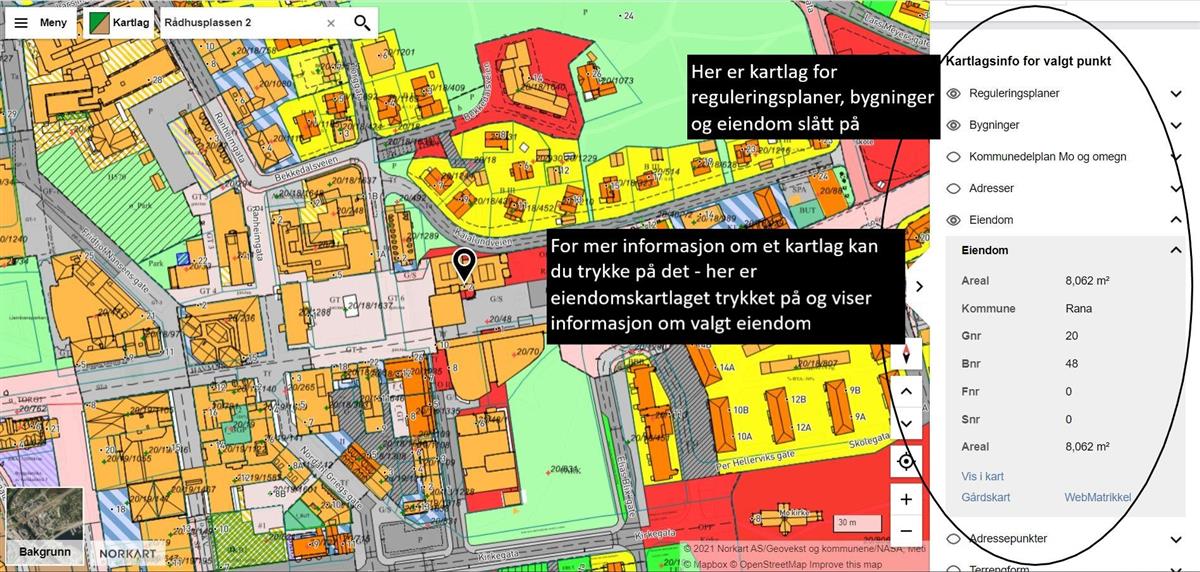 Skjermbilde av Kommunekart med brukerveiledning om kartlagsinfo. - Klikk for stort bilde