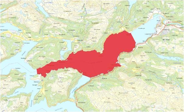 Kart som viser området i Ranfjorden - Hemneshalvøya i rødt - Klikk for stort bilde