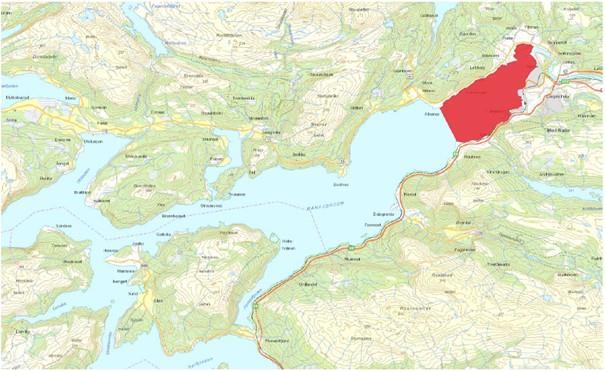 Kart som viser indre del av Ranfjorden markert med rødt - Klikk for stort bilde
