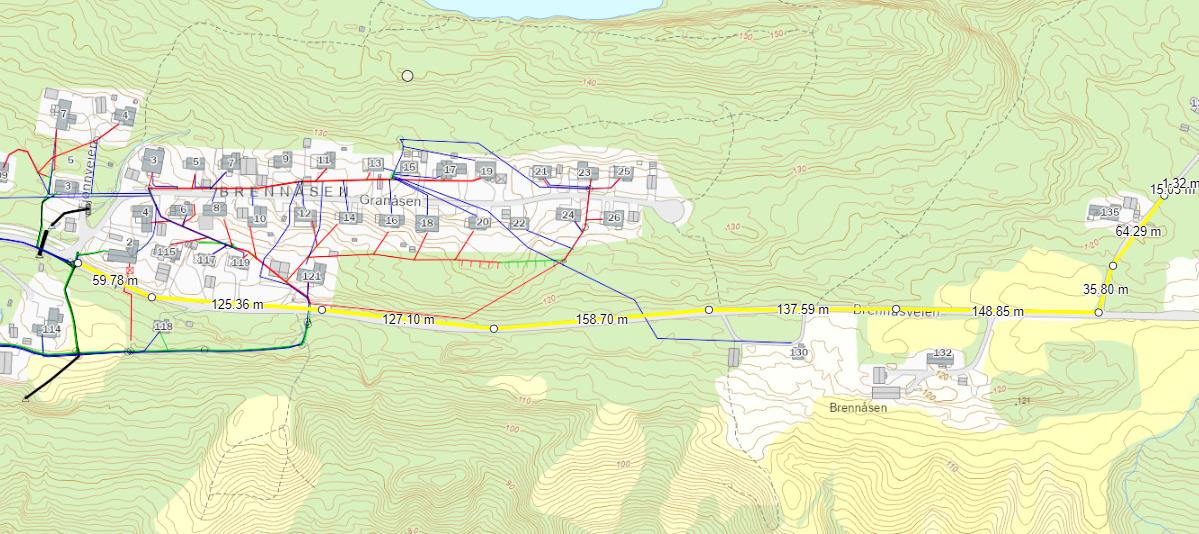 Kartutsnitt som viser traseen hvor det skal graves vann- og avløpsledninger - Klikk for stort bilde