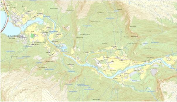 Kart som viser nedre dal av Dalselva - Klikk for stort bilde