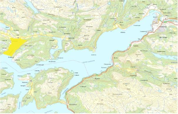 Kart som viser vannområdet Utskarpen markert gult i kartet - Klikk for stort bilde