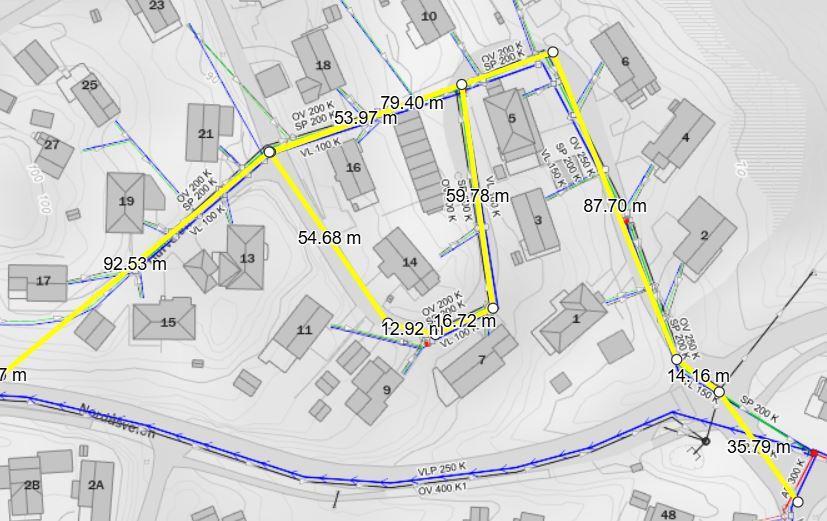 Kart hvor berørt område er markert med en gul strek - Klikk for stort bilde