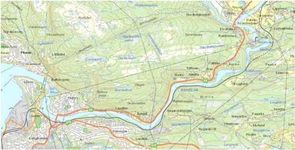 Kart som viser nede del av Ranelva - Klikk for stort bilde